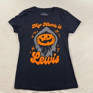 Halloween T Shirt Baby Doll My Name is Lewis Pumpkin Graphic Tee Black SM Spooky